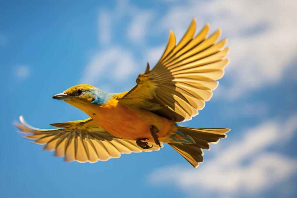 A bird flying through the air with its wings spread