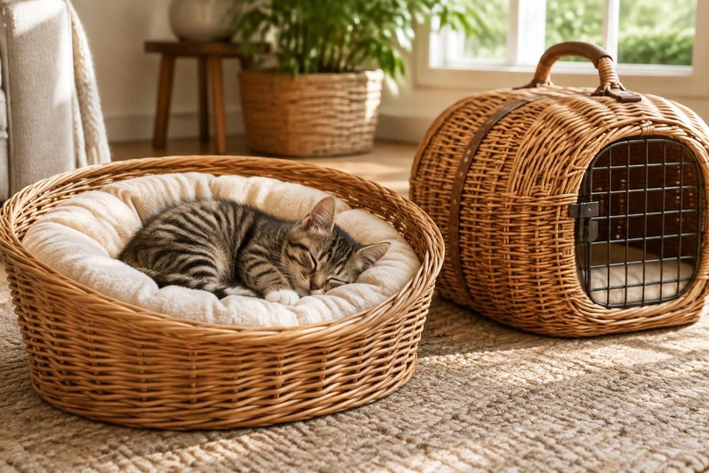 découvrez nos paniers pour chat : modèles en osier, douillets pour chaton ou pratiques pour transporter votre compagnon en toute sérénité.